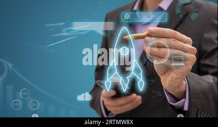 View of a Hand drawn concept made of icon of launching a start up company  Stock Photo