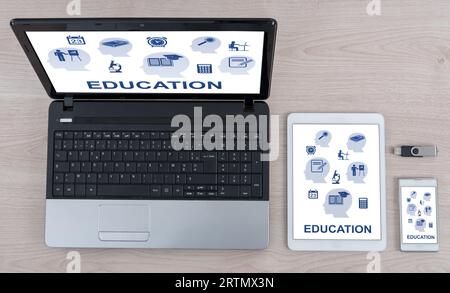 Education concept shown on different information technology devices Stock Photo