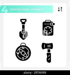 Pixel perfect hiking gear glyph style icons pack Stock Vector