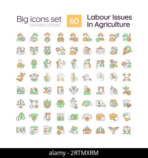 Labour issues in agriculture RGB color icons set Stock Vector