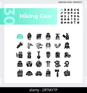 2D pixel perfect hiking gear icons collection Stock Vector