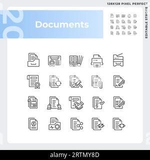 Editable pixel perfect black document icons set Stock Vector
