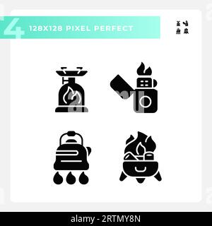 2D pixel perfect hiking gear glyph style icons set Stock Vector