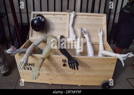 London, England, UK. 13th Sep, 2023. A box of ''arms'' as activists stage an anti-weapons and anti-war protest in Whitehall as the Defence and Security Equipment International (DSEI) arms fair takes place in Excel Centre in east London. (Credit Image: © Vuk Valcic/ZUMA Press Wire) EDITORIAL USAGE ONLY! Not for Commercial USAGE! Stock Photo