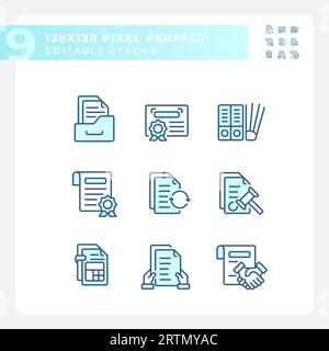 Set of editable pixel perfect blue document icons Stock Vector