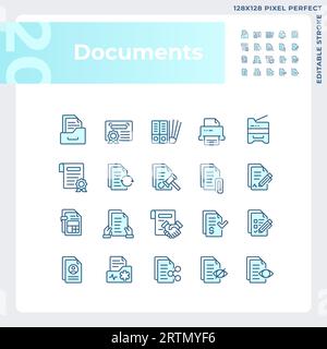Editable pixel perfect blue document icons set Stock Vector