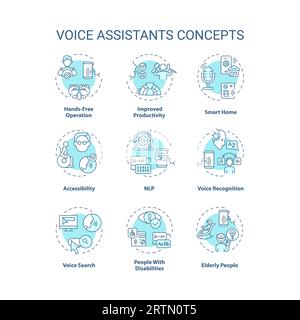 Editable blue icons representing voice assistants concepts Stock Vector