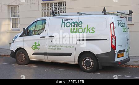 Gateway Housing Association, Home Works white van, on call at  Rhondda Grove, Mile End, Tower Hamlets, London, England, UK,  E3 5AP Stock Photo
