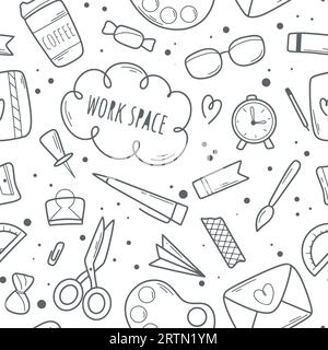 Set office accessories items on desktop seamless pattern. Background work space of student or employee doodle style. Ink sketch office supplies print Stock Vector