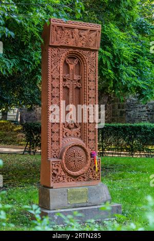 PRAGUE, CZECHIA - JUNE 22, 2020: Khachkar (Armenian cross-stone) serving as a Memorial of Czech-Armenian friendship in Prague, Czech Republic Stock Photo