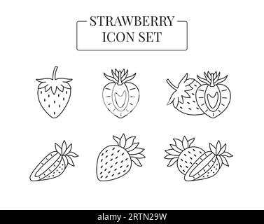 Strawberry berry whole and half, cut into slices, set of line icons in vector. Stock Vector