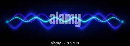 Blue neon audio sound voice wave pulse light. Abstract radio electronic music frequency vector effect background. Vibrant track equalizer waveform, bl Stock Vector