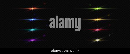 Flare light line and sparkle glow vector gleam set. Gold, red, pink and blue neon shine beam with flash glare element. Flicker strip with laser glimme Stock Vector