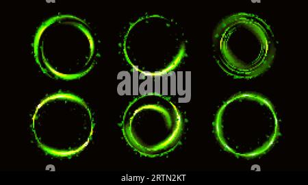 Magic green neon light glow circle with leaves. Abstract sparkle ring swirl with flare. 3d circular glossy energy speed trail. Tea leaf fresh flow wit Stock Vector