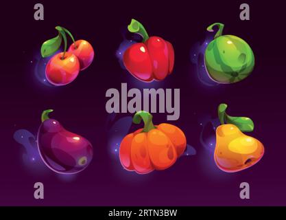 Farm grocery food ui game interface icon vector illustration. Fresh vegetable and fruit for supermarket design. Glossy watermelon, cherry, pumpkin, pe Stock Vector
