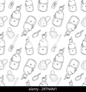 Hand-drawn seamless pattern of oil can and spatula and bottle. The background of bakery products. Vector illustration. Stock Vector