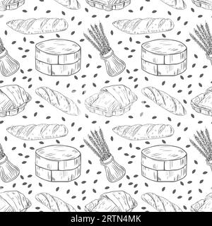 Hand-drawn seamless pattern of bread and bakery products. The background of bakery products. Vector illustration. Stock Vector