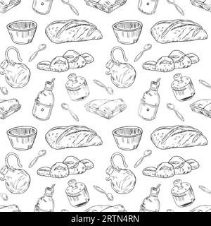 Hand-drawn seamless pattern of bread and bakery products. The background of bakery products. Vector illustration. Stock Vector