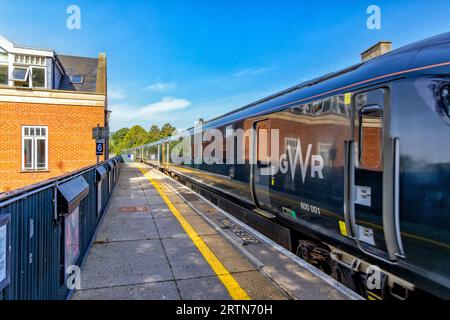 GWR train leaving Stroud railway station, The Cotswolds, Gloucestershire, United Kingdom Stock Photo