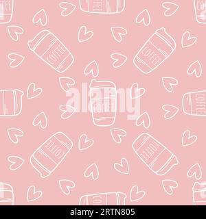 Takeaway coffee and hearts seamless pattern. Background cute cup of coffee and hearts simple doodle sketch. Hand drawn coffee drinker concept Stock Vector