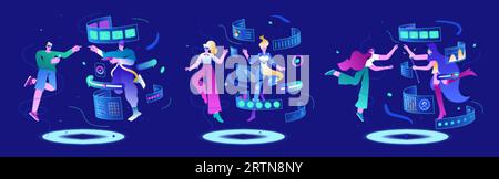 Digital twin in metaverse concept. People in virtual reality glasses creating and interacting with their digital avatar. Characters in futuristic 3d hologram space. Future innovation, vr communication Stock Vector