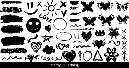 Y2k emo grunge set elements. Banners with brush strokes with