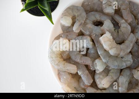 Fresh Raw shrimps cut and cleaned and kept it in a white bowl. Raw shrimps in white bowl and isolated in white background. Selective focused image. Stock Photo