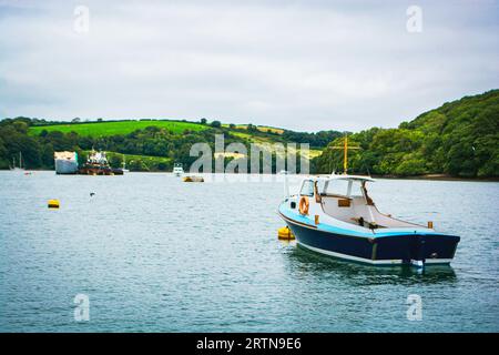 River Fal, Cornwall, UK - August 2023: The King Harry Ferry Bridge crossing from Feock to Philleigh. Its vehicular chain ferry. Stock Photo