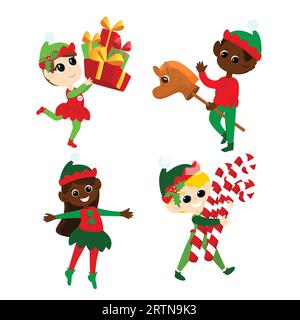 Set Christmas elves. Multicultural boys and girls in traditional elf costumes. They dance, smile, bring gifts, carry lollipops. Stock Vector