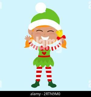 The elf stands straight and holding a bell in his hand. The child is happy and smiling and he is delighted. Stock Vector