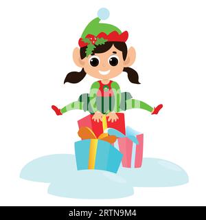 Little elf girl jumps over gift boxes. The child is happy and dressed in a traditional elf costume. She has a cute face and happy eyes. Stock Vector