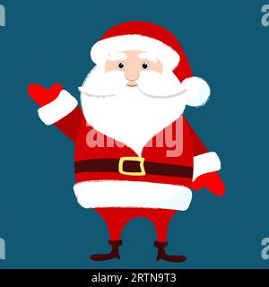 Santa Claus is standing straight and waving hello. Winter funny character design. Christmas illustration in cartoon flat style. Stock Vector