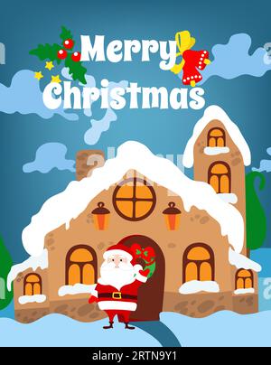 Santa Claus is standing near the door of his house against the backdrop of a fabulous winter landscape. Vector Christmas illustration. Stock Vector