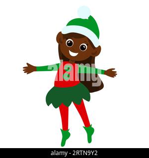 The Christmas elf is dressed in an elf costume and she is happy. Little cute elf girl in cartoon style isolated on white background.  The child whirls Stock Vector