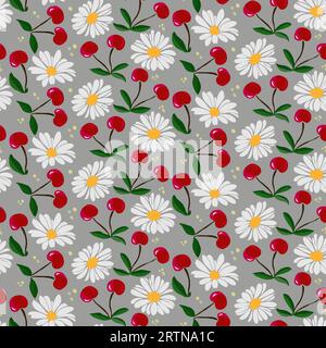 Cherry fruit and daisy flower design textile or wallpaper. Vector seamless pattern Stock Vector