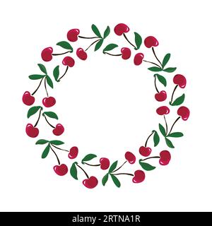 Cherry summer red fruit circle wreath for card or invite. Vector hand drawn illustration Stock Vector