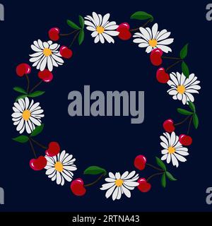 Cherry fruit and daisy flower design textile or wallpaper. Vector seamless pattern Stock Vector