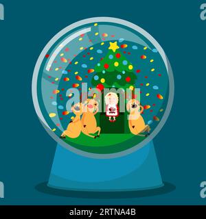 In a glass snow globe Mrs. Santa Claus is reading a book Reindeer in a house. Mother Christmas is sitting on a chair near a decorated Christmas tree. Stock Vector
