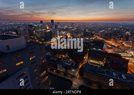 Enjoying the sunset in Rotterdam from the penthouse at the Red Apple building located in the Wijnhaven. Stock Photo