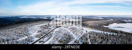 Oberwiesenthal, Germany - December 18, 2022: Fichtelberg Highest Mountain In Ore Mountains In Winter Aerial Panorama In Oberwiesenthal, Germany. Stock Photo