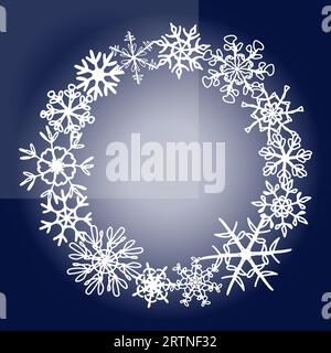 Snowflake snow for winter holiday wreath for winter with snowflakes and navy blue background. Christmas and new year backdrop. Vector illustration Stock Vector