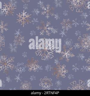 Rose gold snowflake snow for Christmas and winter Seamless winter pattern with rose gold snowflakes and navy blue background.Christmas and new year ba Stock Vector