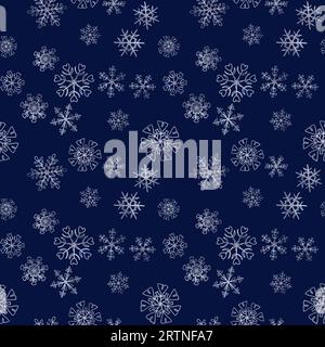 Snowflake snow for winter holiday seamless pattern for winter with blue snowflakes and navy blue background. Christmas and new year backdrop. Vector i Stock Vector