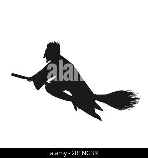 Black wizard silhouette flying on magic broom vector cartoon character isolated on background. Halloween design element. Stock Vector