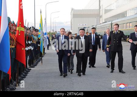 A photo provided by the North Korean government on september 14, shows, North Korean leader Kim Jong Un (C-R), as he departs from the Vostochny cosmodrome after his meeting with Russian President Vladimir Putin, in Amur region, Russia on Wednesday, September 13, 2023. North Korean state news agency KCNA said on Thursday that, Russian President Vladimir Putin has accepted an invitation from North Korean leader Kim Jong Un to visit Pyongyang at Putin's 'convenient time'. The two leaders met in Russia's Far East on Wednesday for their first face-to-face summit in four years. During the summit, th Stock Photo