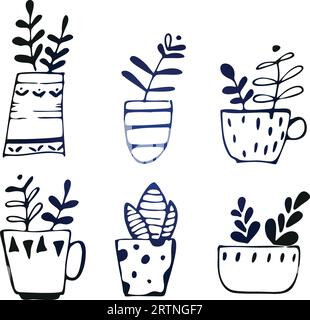 Vector set of house plants in pots, outline drawings on a white background. Stock Vector