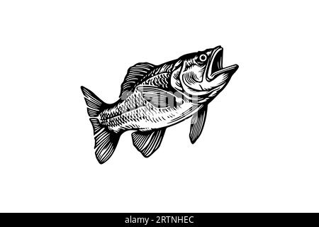 Pike hand drawn engraving fish isolated on white background. Vector sketch illustration. Stock Vector