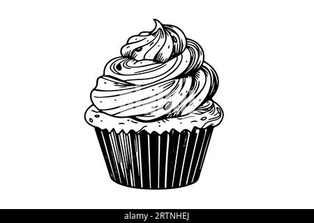 Cupcake in engraving style. Ink sketch isolated on white background. Hand drawn vector illustration. Stock Vector