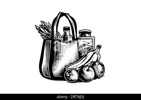 Grocery bag full of food and juice engraving sketch vector hand-drawn illustration. Stock Vector