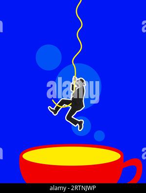 Poster. Contemporary art collage. Confident black white gamma businessman climbing hand over hand up rope under cup isolated on bright blue background Stock Photo